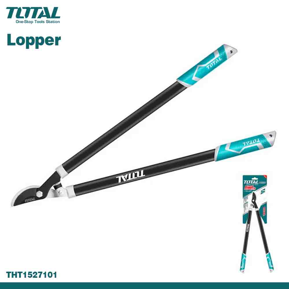 A pair of TOTAL brand heavy-duty garden loppers with carbon steel blades and black and blue handles.