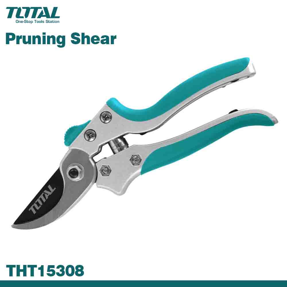 A pair of TOTAL brand heavy-duty garden pruning shears with a soft TPR grip. The handles are blue, and the blade is silver.