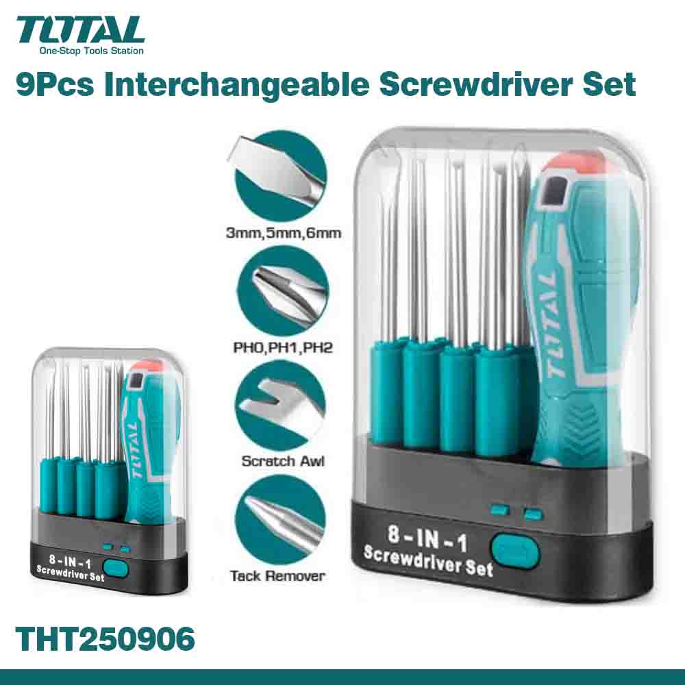 8-piece interchangeable screwdriver set with clear packaging, featuring Total brand.