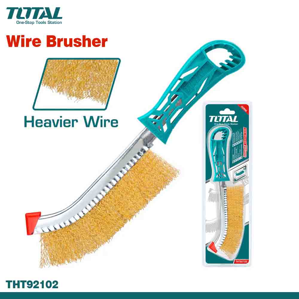 A wire brush with a green handle and yellow bristles, alongside its packaging which indicates it is 250mm in length and suitable for multiple applications.