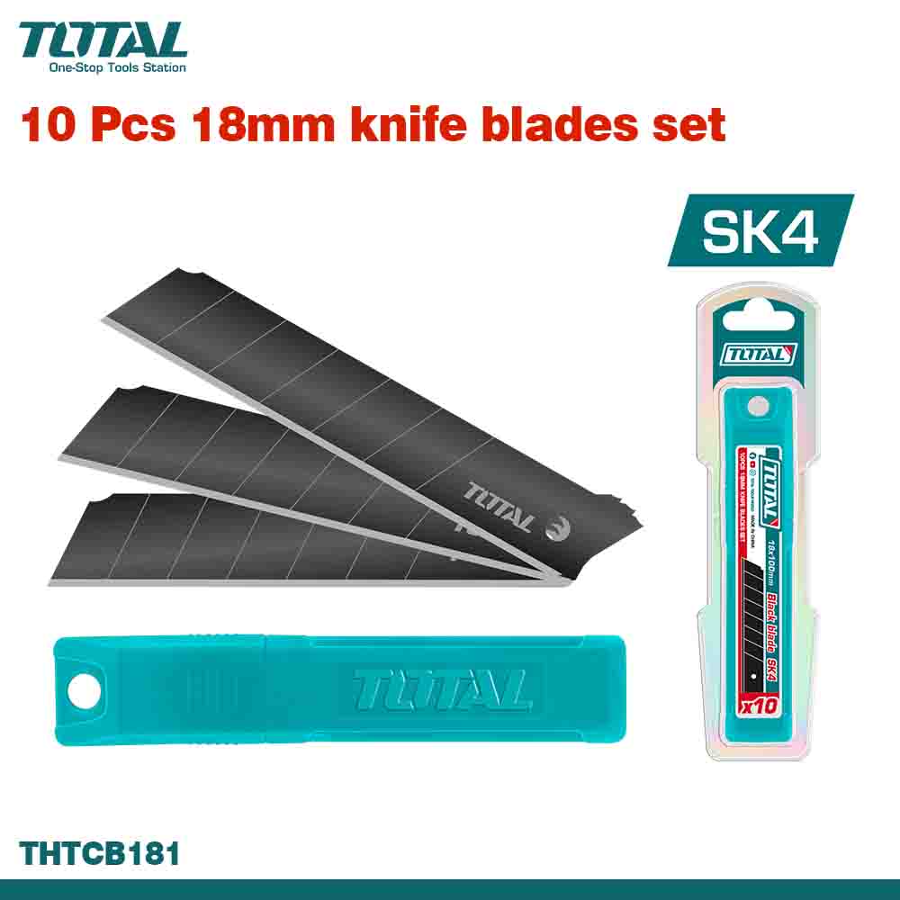 A set of 10 black-colored 18mm knife blades from TOTAL, displayed alongside the packaging which has the TOTAL logo and product information.