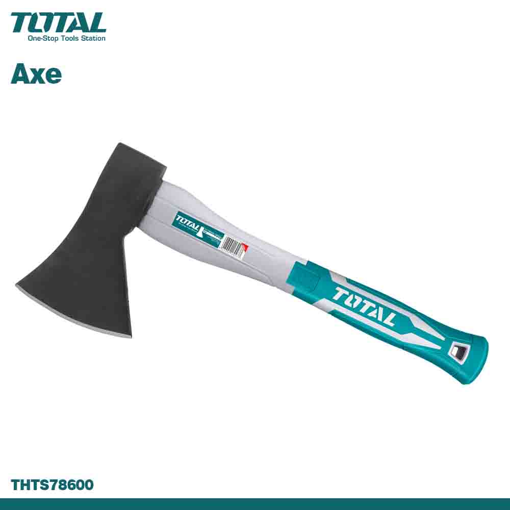 A black and gray Total brand axe with a carbon steel head and a fiberglass handle with a blue stripe.