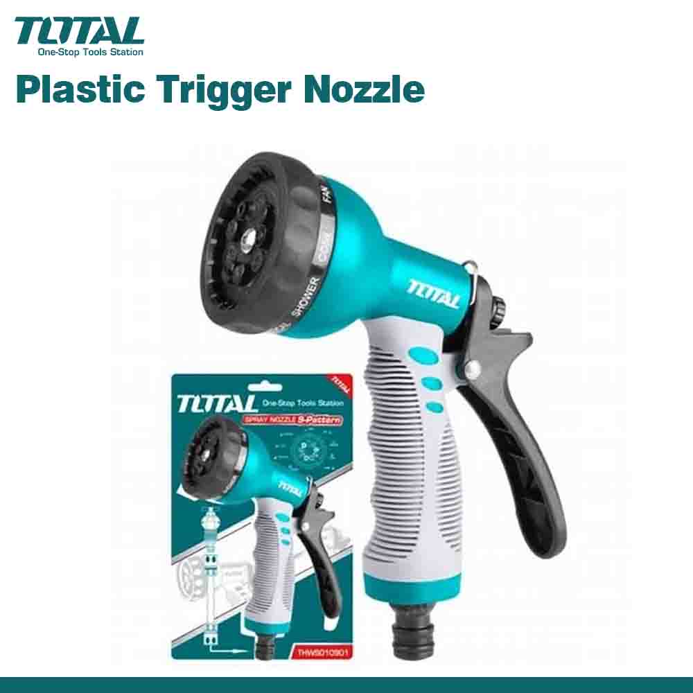 A image showing a TOTAL branded garden hose nozzle with a black, blue, white, and gray color scheme, alongside its packaging.