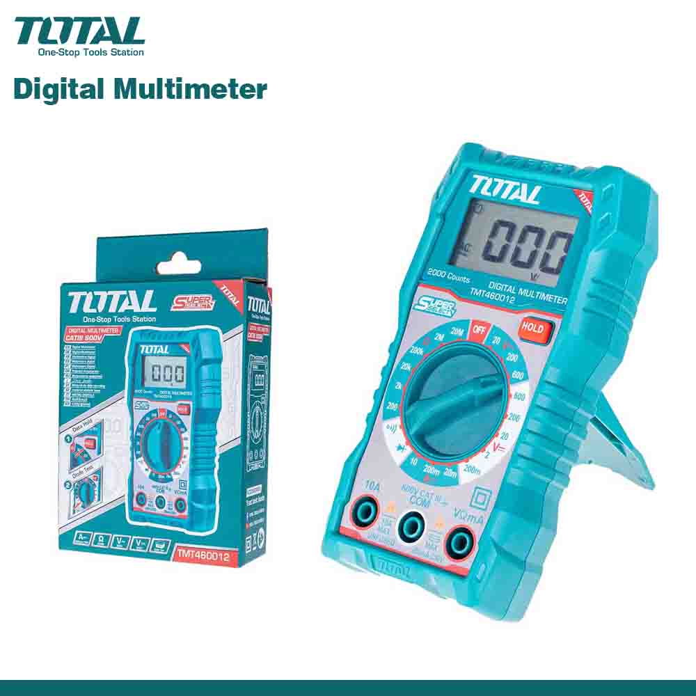 A digital multimeter with a blue body and an LCD screen, alongside its packaging which has 'TOTAL' branding on it.