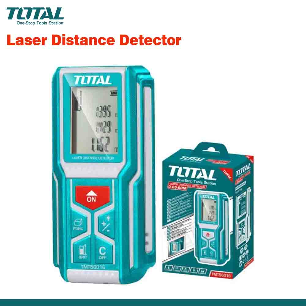 A digital laser distance meter with a blue body, display screen, and measurement buttons, alongside its packaging box with details and brand visibility.