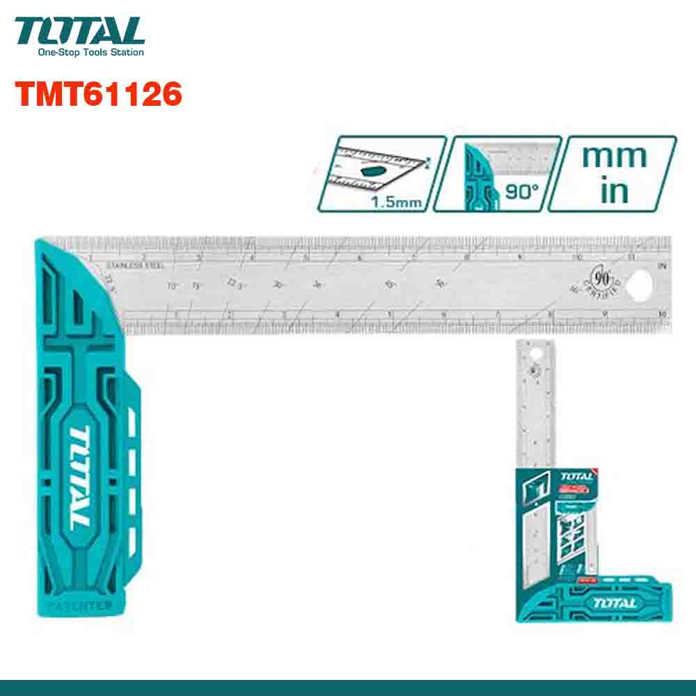 A promotional image featuring a TOTAL brand heavy-duty 300mm measuring ruler with a support ledge, marked with the model number TMT61126. The ruler is displayed with a detail of its scale and accuracy, and includes the TOTAL logo in blue.
