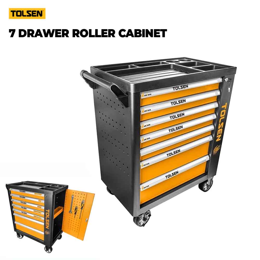 Tolsen 7-drawer roller cabinet with orange drawers on a white background