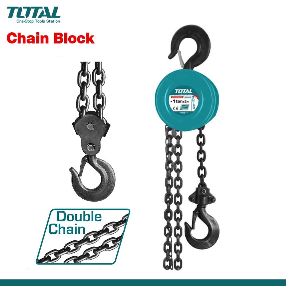 Chain block with hooks and Total branding on a white background