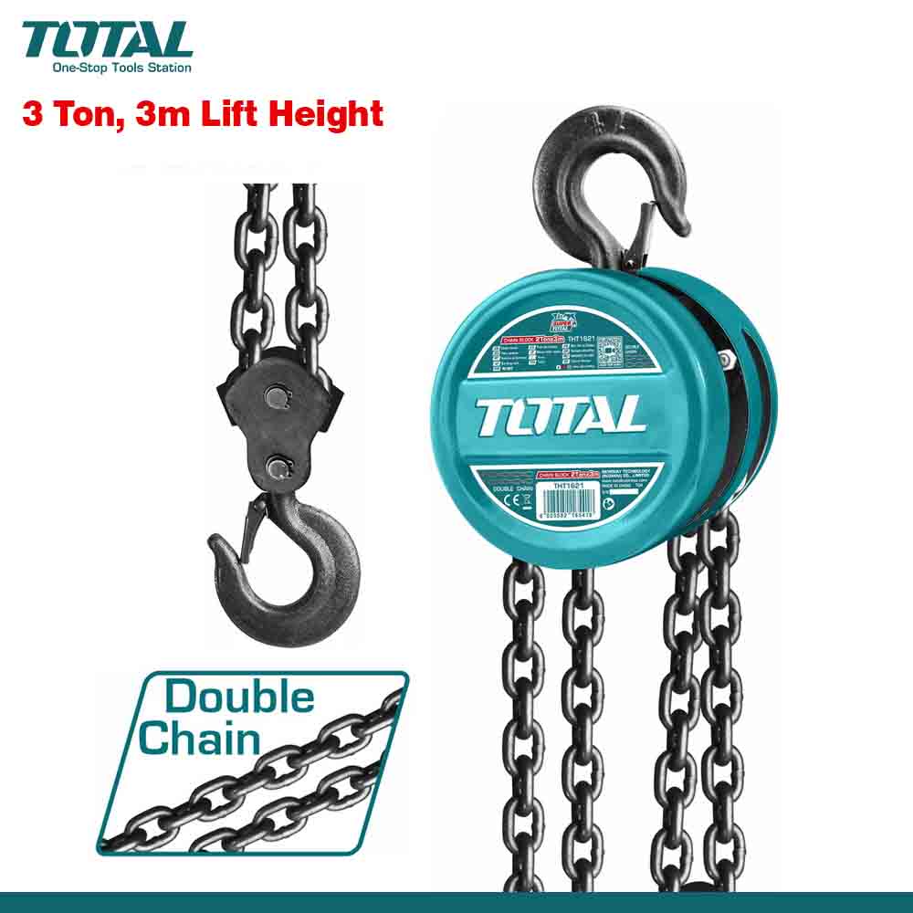 Total brand chain hoist with lifting capacity and chain details on a white background