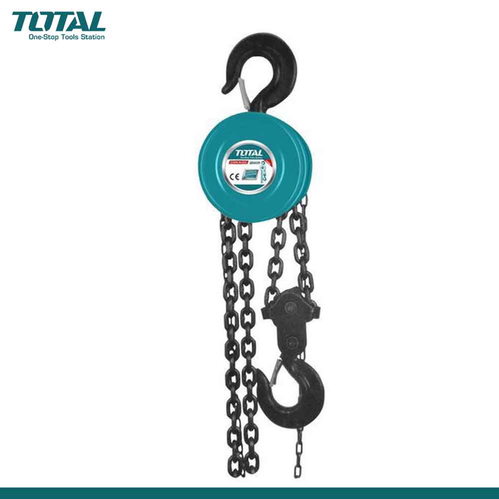 Teal hand chain hoist with black hooks on a white background, featuring the Total Tools brand.