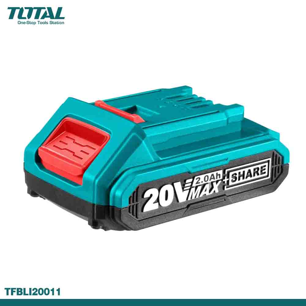 A blue and black TOTAL 20V 2.0Ah cordless battery pack with a red switch and branding details.