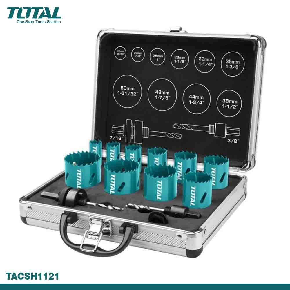 A set of bi-metal hole saws in various sizes, displayed neatly in an open aluminum case with a black interior. The case has a silver color and the saws appear to be made of teal-colored material.