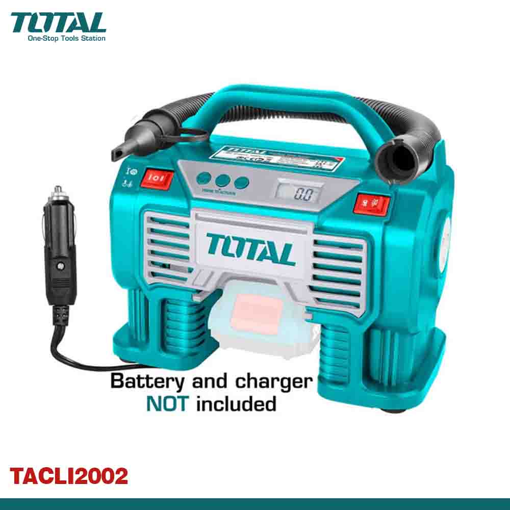 A blue TOTAL cordless auto air compressor with a 3m cord and cigarette lighter plug. The product does not include a battery or charger.