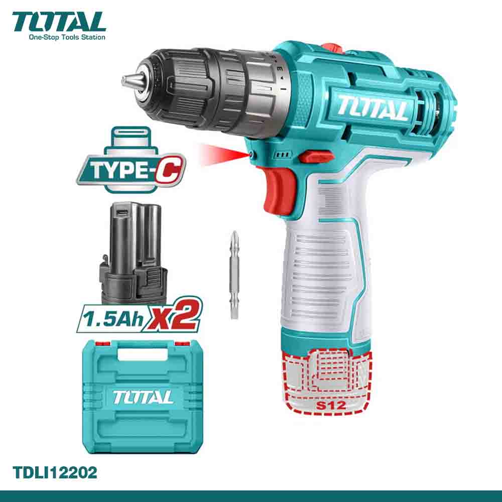 TDLI12428 - A TOTAL brand cordless drill in turquoise, gray, and Green colors, with a plastic chuck and a drill bit inserted. It is accompanied by a battery pack, a charger, and a carrying case, and is depicted alongside its product code TDL12202.