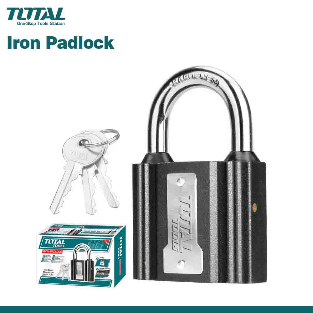 Iron padlock with keys, made of durable materials, packaged in a color box with the brand TOTAL visible. TLK31631