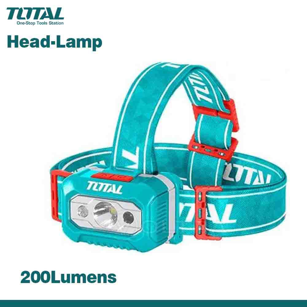 A blue TOTAL brand headlamp with a 200 lumens rating, shown with an adjustable teal strap and LED lights visible.