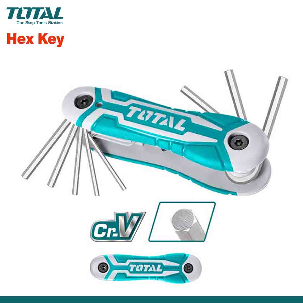 A set of folding pocket hex keys with a blue, gray, and white plastic case, branded with 'TOTAL'. The set includes keys in various sizes displayed in a wallet-style case.