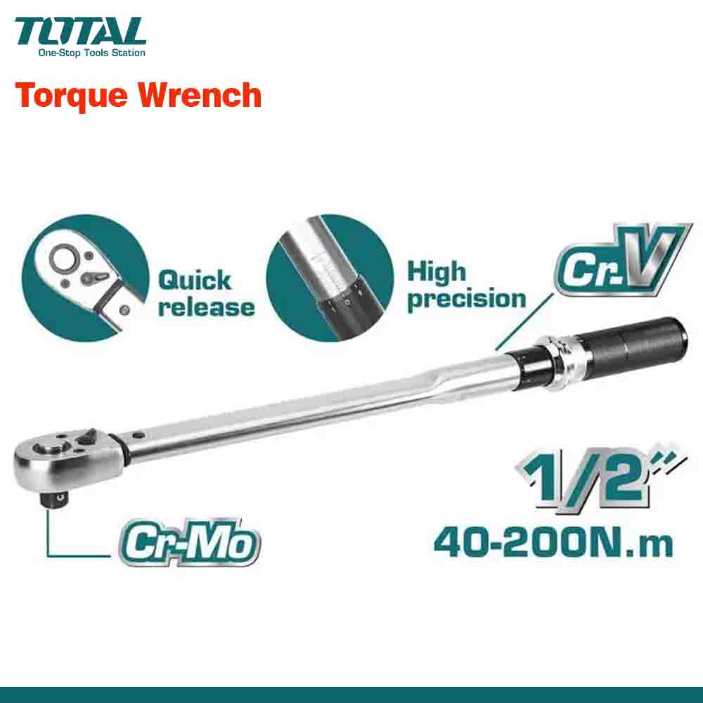 A promotional image featuring a TOTAL High-Performance 1/2" Torque Wrench with details of its construction and specifications, such as drive size, length, torque range, and material. The wrench is displayed in an extended form with a black handle and silver body, and the image includes additional icons indicating features like quick release and high precision.