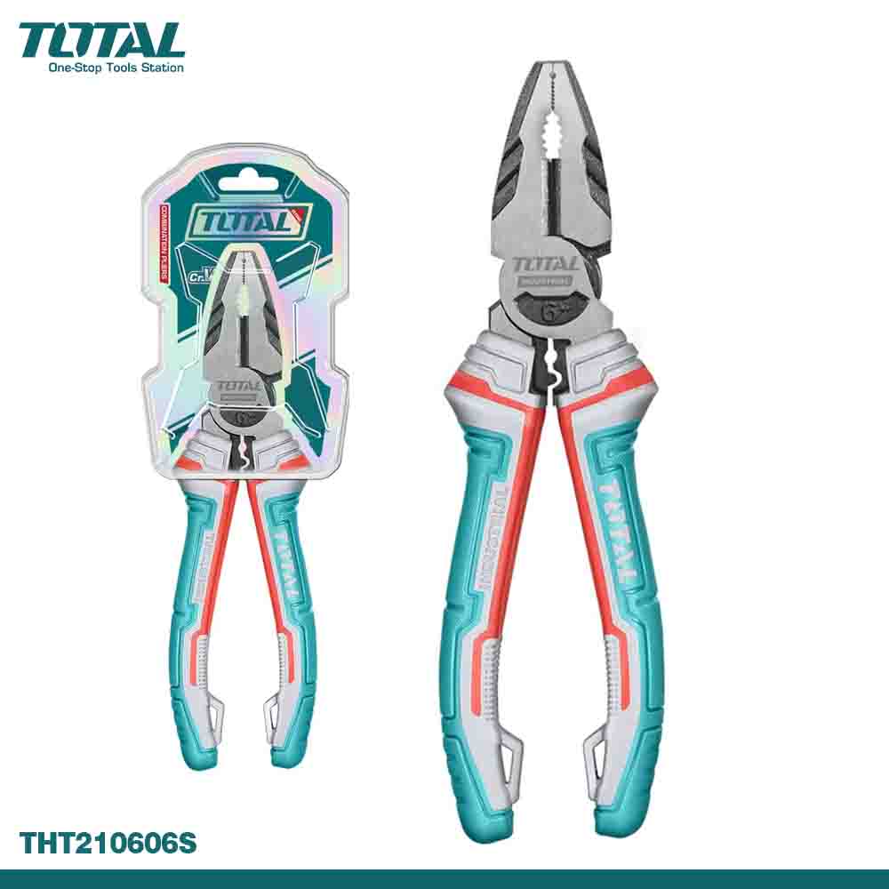 A pair of TOTAL High Leverage Combination Pliers with black finish and multicolor handle, displayed in packaging.
