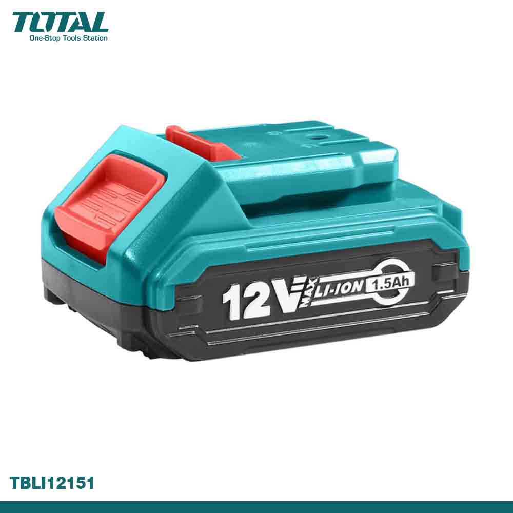 A 12V lithium-ion cordless battery pack with a red safety cover and black and gray coloring, branded with TOTAL.