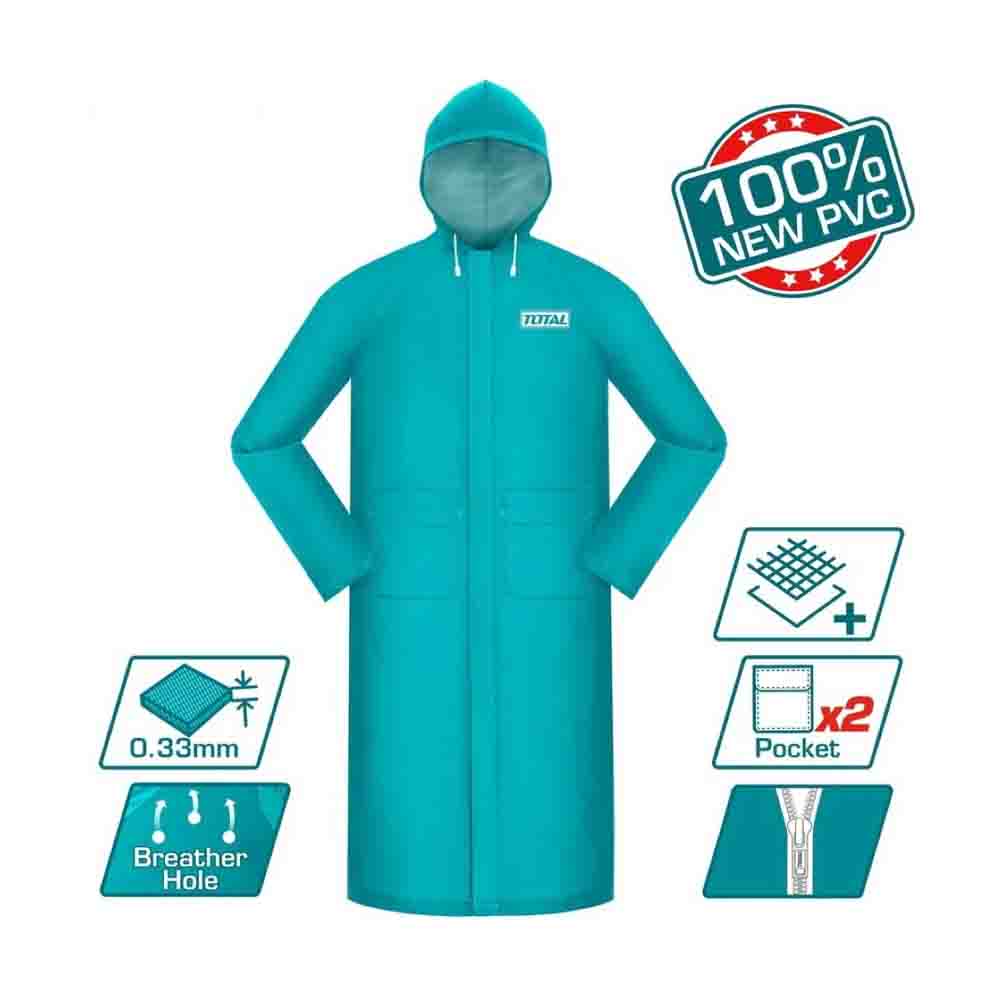 A long teal rain coat with a hood, featuring two pockets, breathable hole, and made from 100% new PVC fabric.Men’s Rain Coat