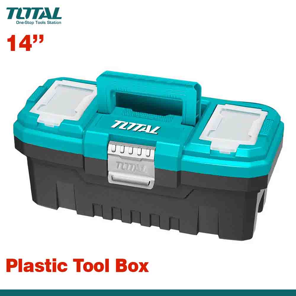 A blue and black TOTAL plastic tool box with a metal buckle and a handle, featuring the brand's logo on the top. TPBX0142