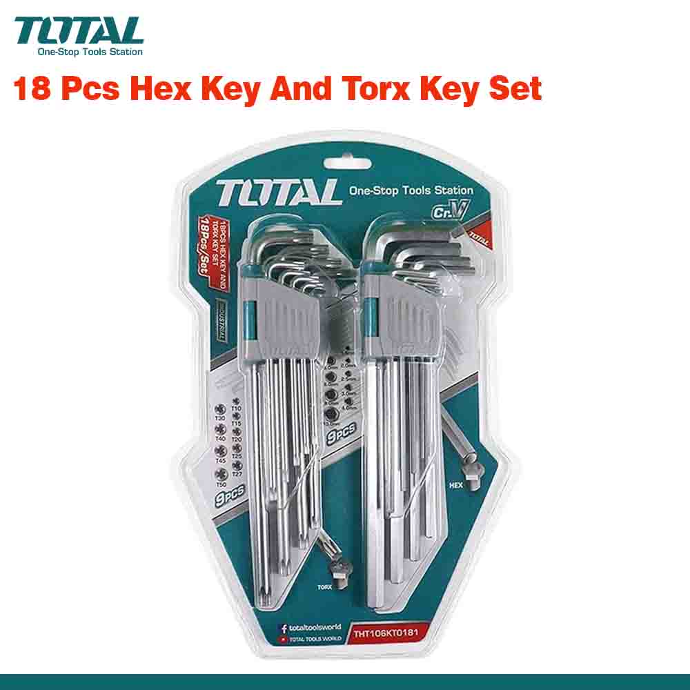 An 18-piece hex and Torx key set by TOTAL, with keys made of chrome vanadium steel, packaged in a double blister pack.