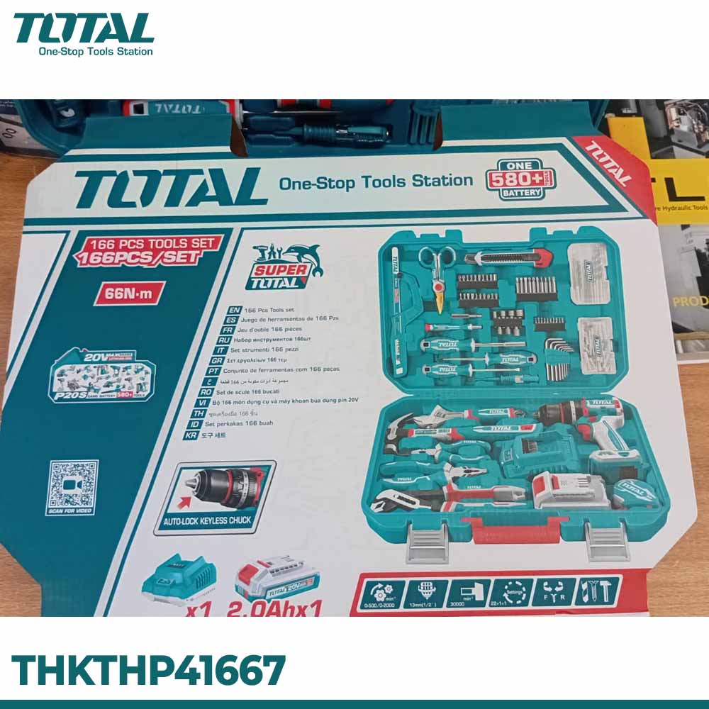 TOTAL 166 Pcs Electrician & DIY Tool Kit with 20V Cordless Drill