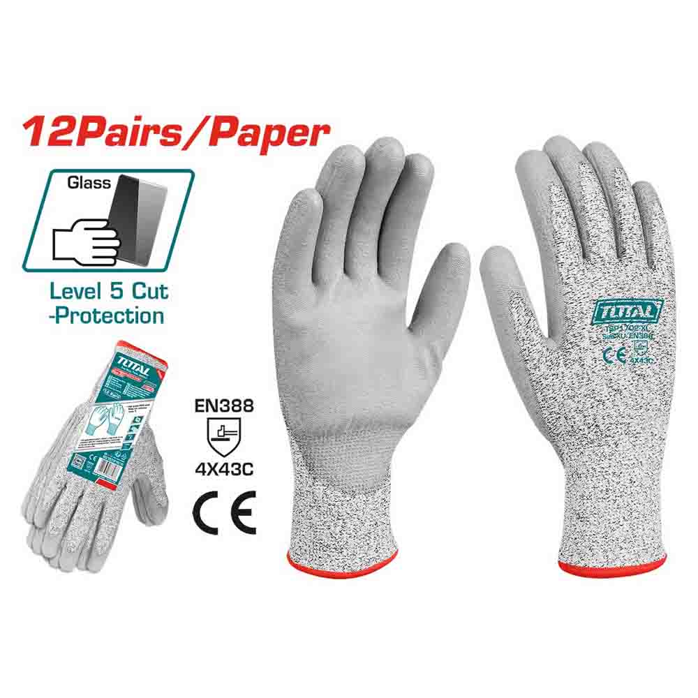 TOTAL Cut Resistant Safety Gloves - Level 5 HPPE PU Coated