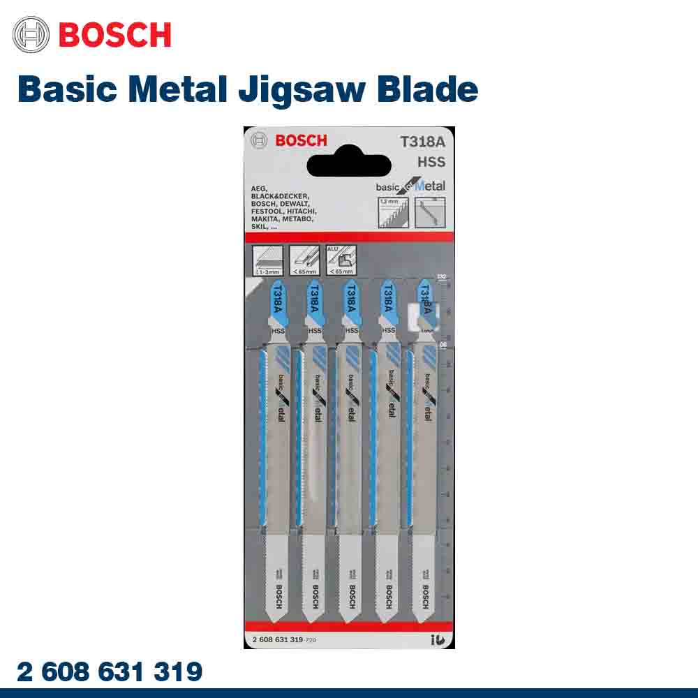 Packaging of Bosch Basic Metal Jigsaw Blades with product details on a white background