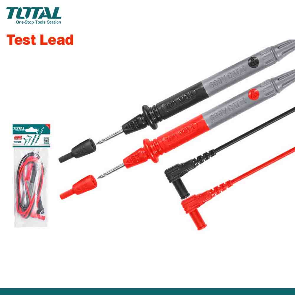 A set of red and black test leads for multimeters and clamp meters, with a product label indicating compatibility and durability.