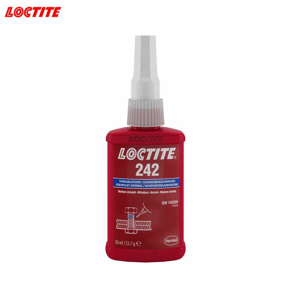 Red Loctite 242 bottle with spray nozzle on a white background