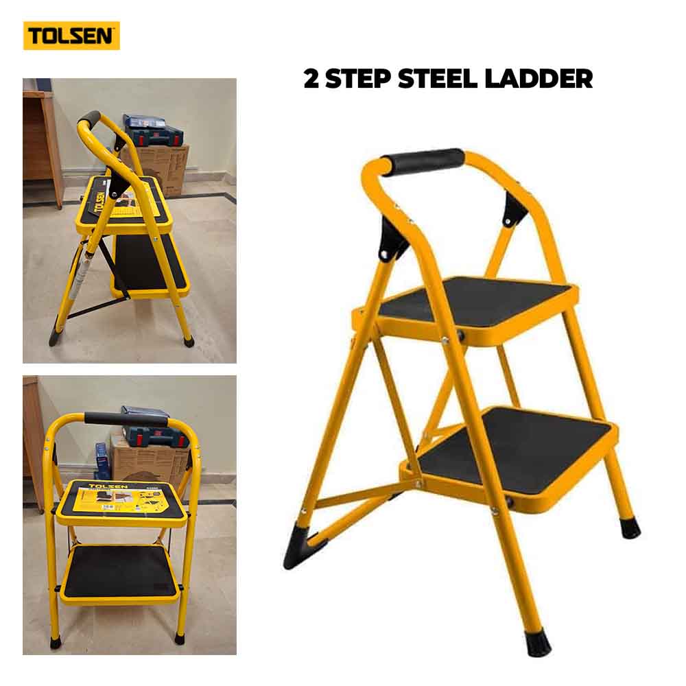 Yellow two-step steel ladder with black steps, featuring the TOLSEN brand name.