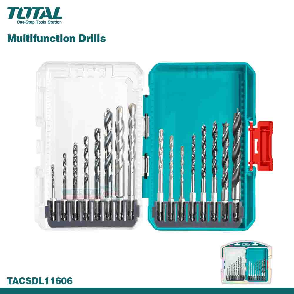 Total 16 Pcs Metal, Masonry & Wood Drill Bits Set Hex Shank Multi-Purpose Kit