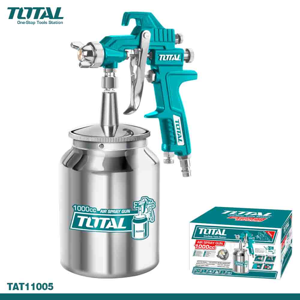 A silver spray gun with a 1000cc capacity from the brand TOTAL, displayed alongside its packaging box.