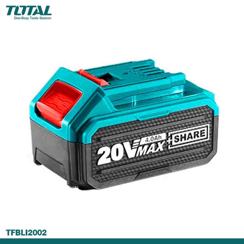 TFBLI2002 - A black and teal colored 20V MAX lithium-ion battery pack with a 4.0Ah capacity indicator.