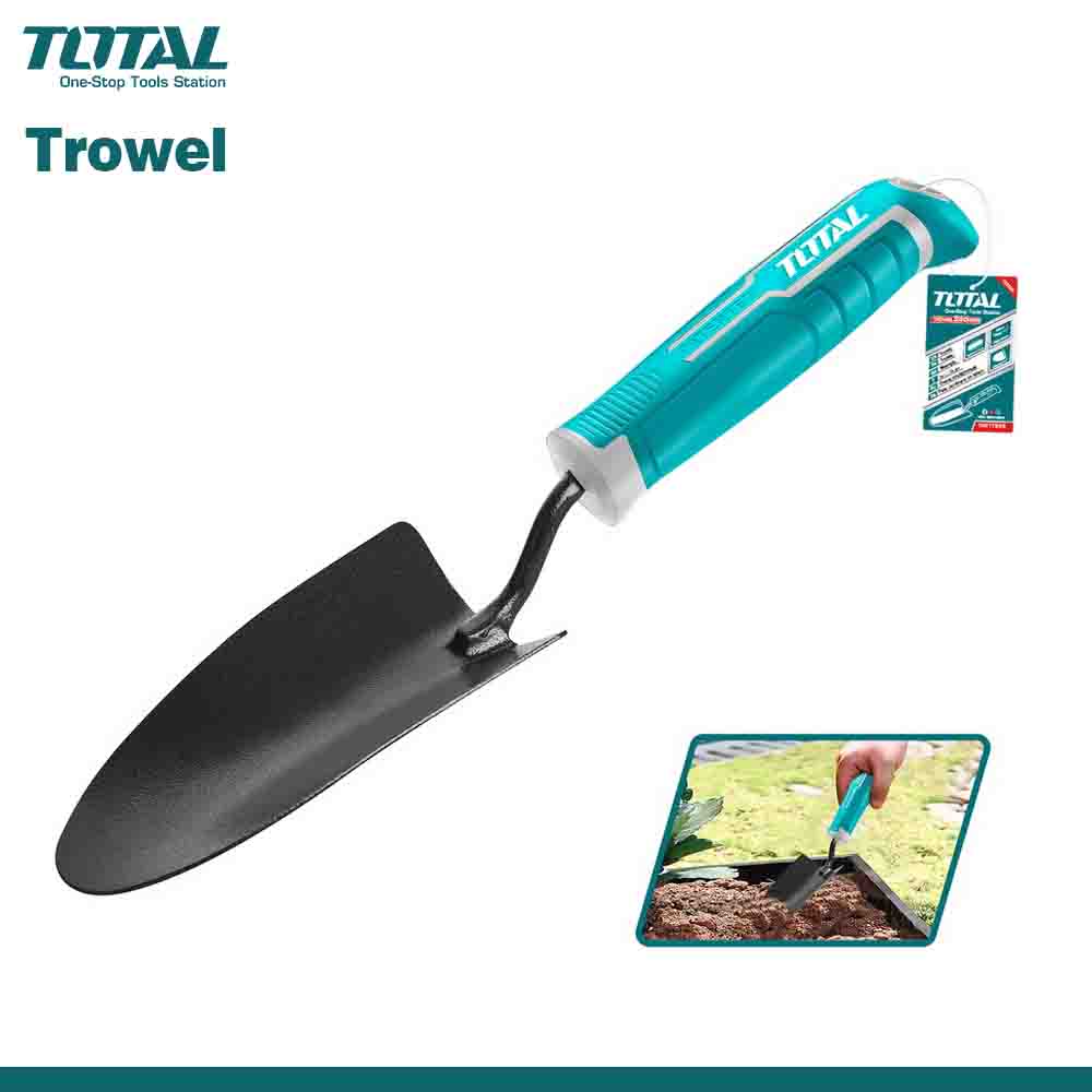 A garden trowel with a durable ergonomic design, featuring a black carbon steel blade and a blue handle with the brand 'Total' visible.