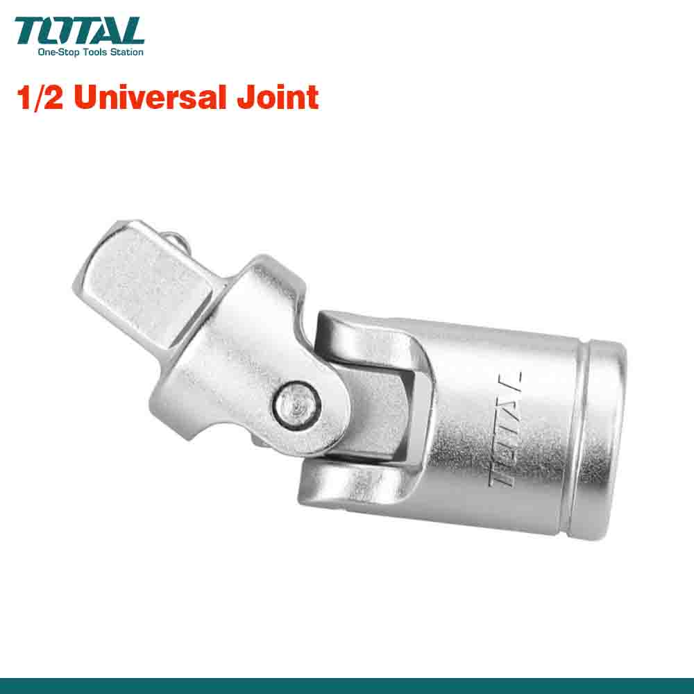 A chrome-plated, heavy-duty 1/2 inch drive universal joint from TOTAL, designed for flexible multi-directional movement.
