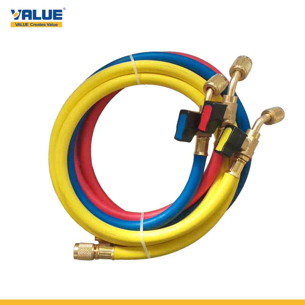 A set of three VALUE brand refrigerant tubes in yellow, blue, and red, with brass connectors.