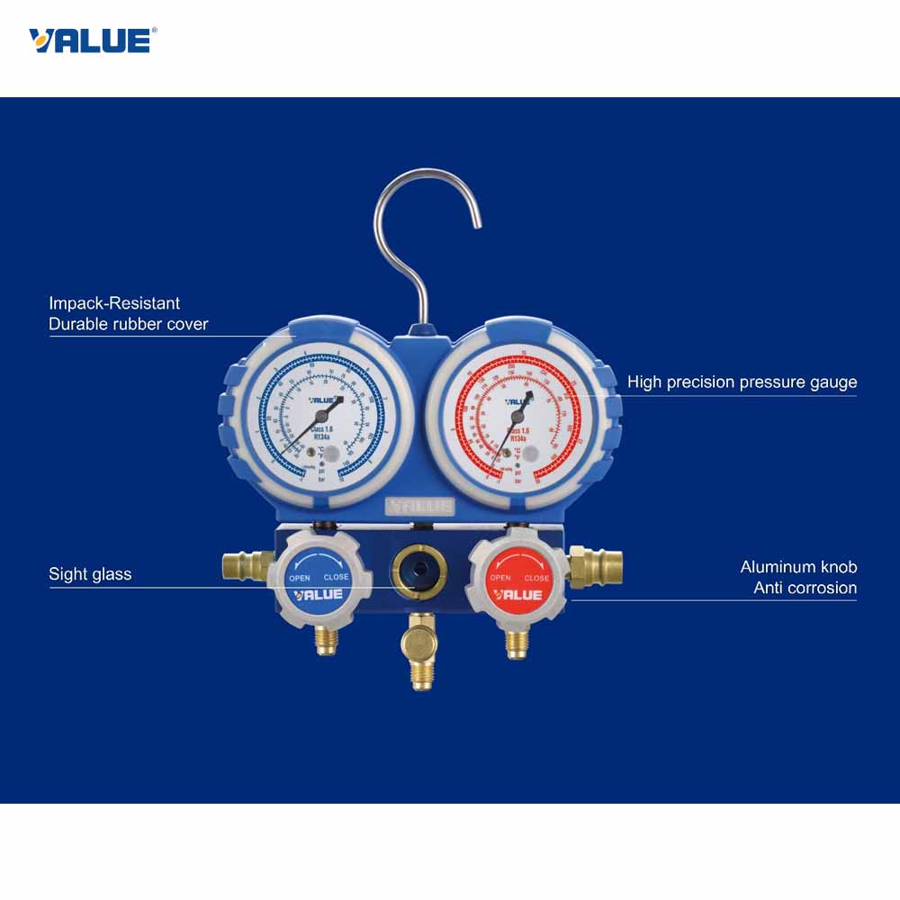 Two-pressure gauge manifold with hanger on a blue background, featuring the VALUE brand.