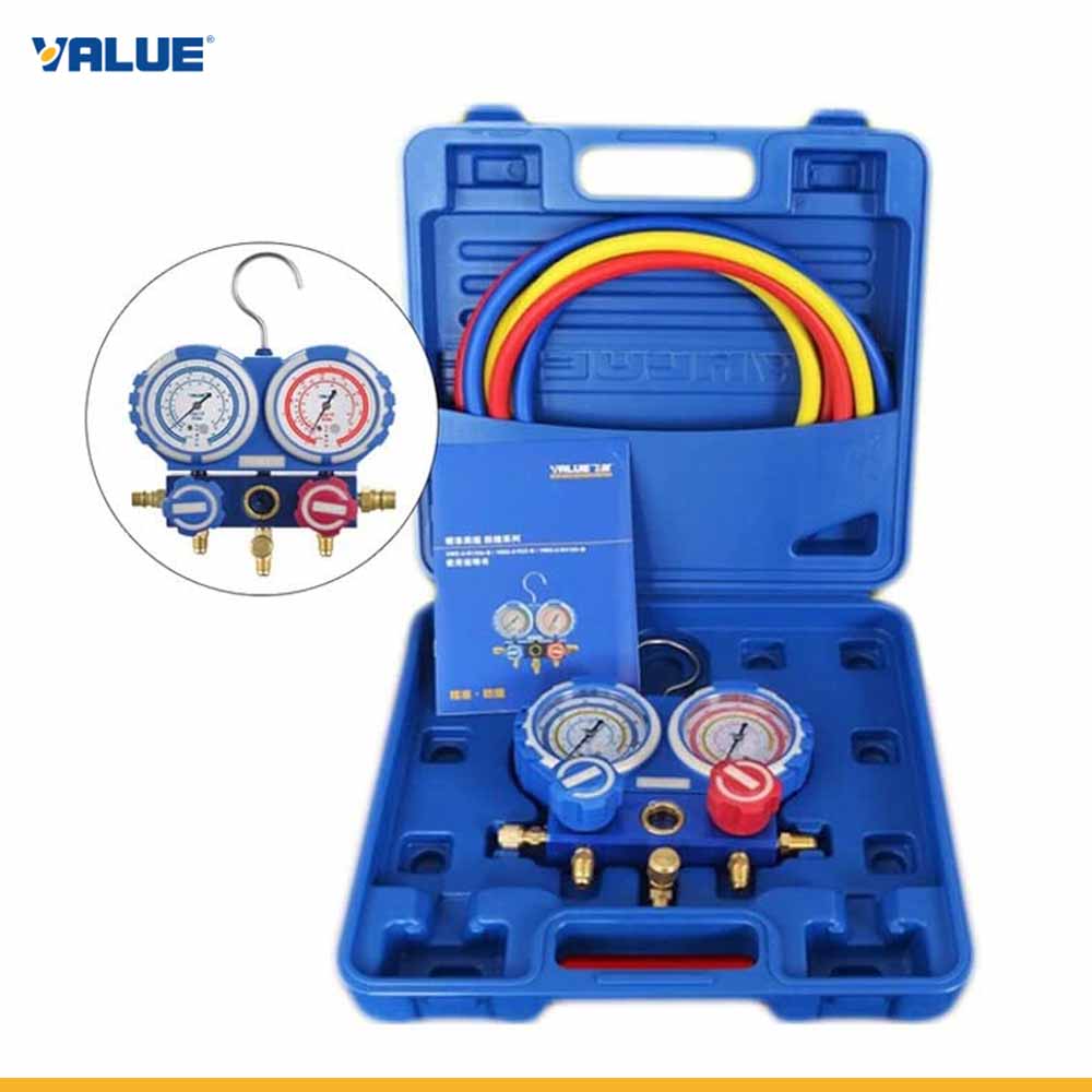 Blue HVAC diagnostic tool kit with gauges and hoses on a white background