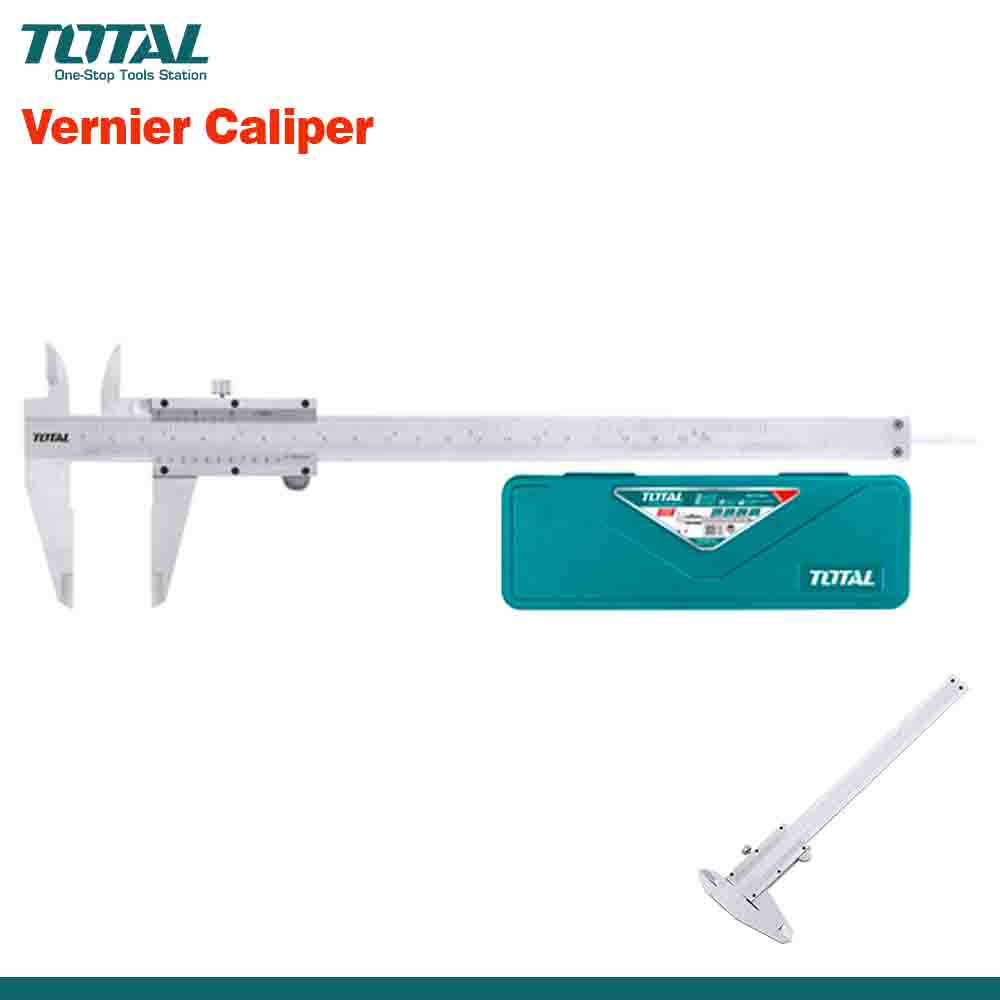 A TOTAL brand precision carbon steel vernier caliper, with both metric and inch measurements, displayed alongside its packaging box.