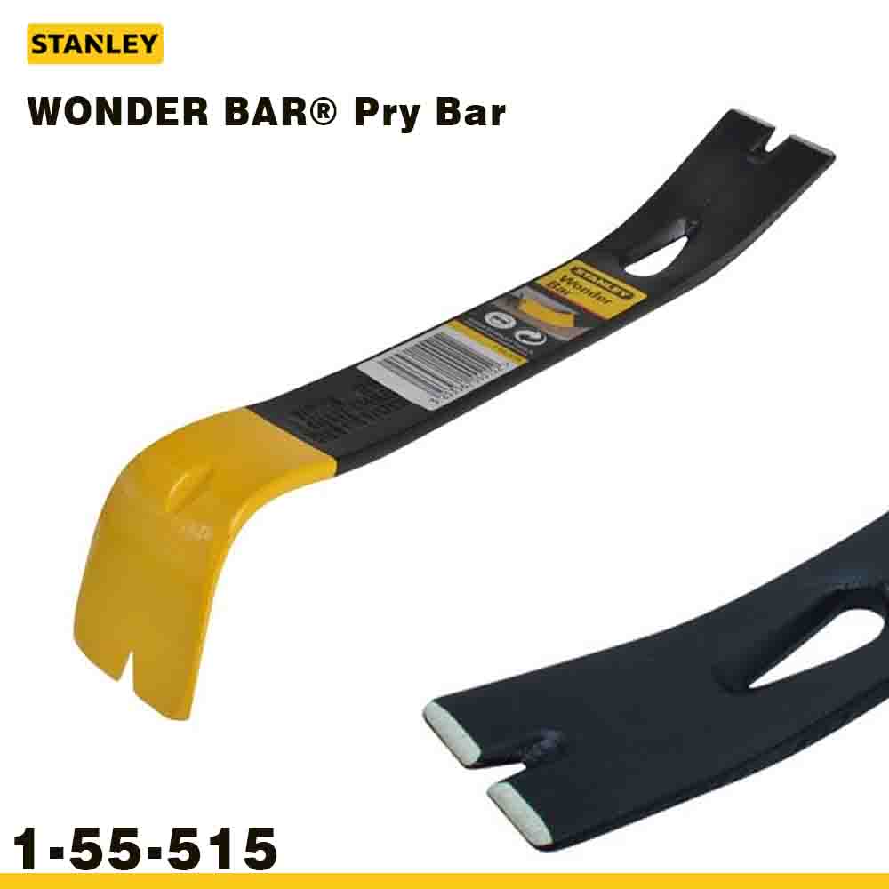A STANLEY WONDER BAR Pry Bar with black and yellow coloring and product number 1-55-515 visible.