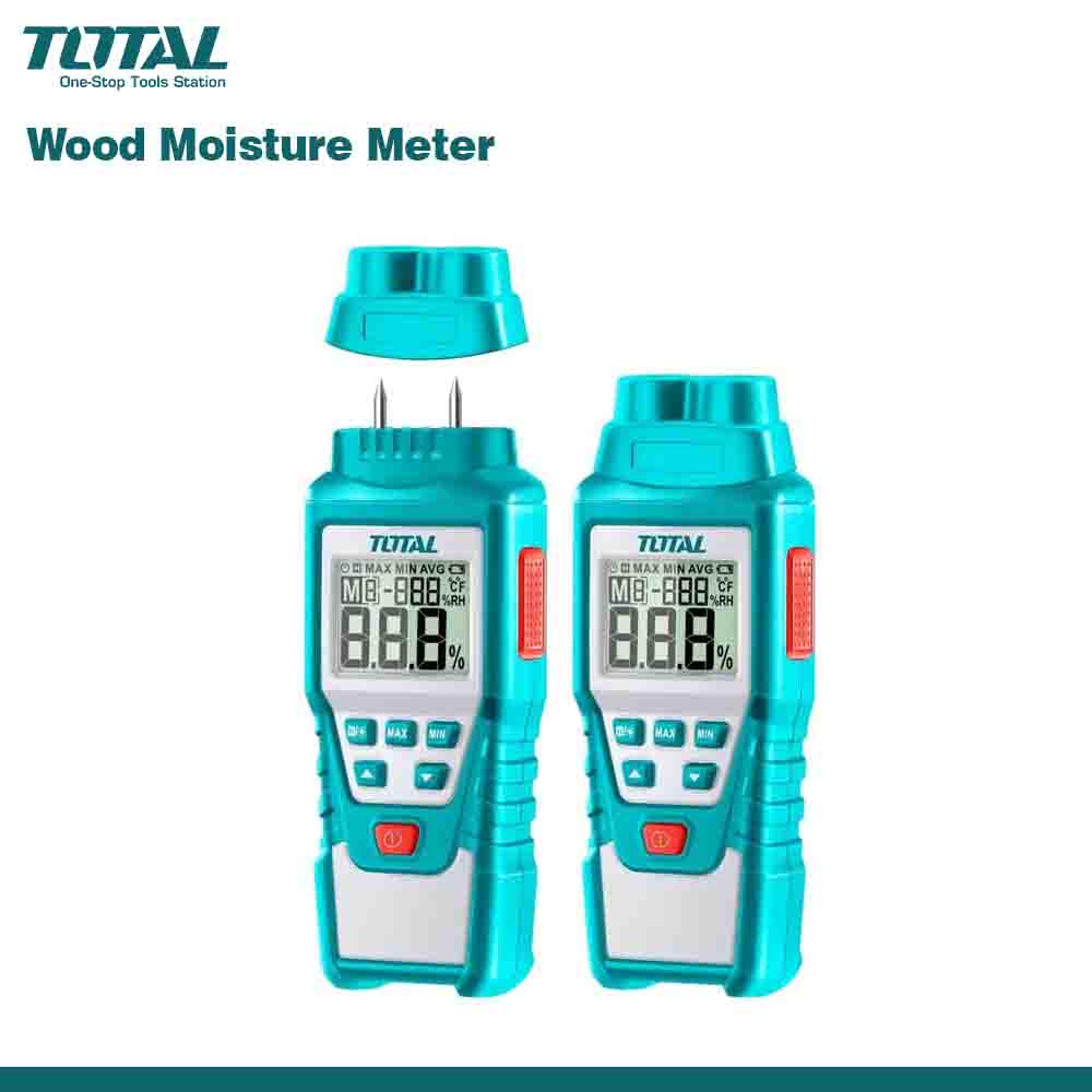 Two blue digital wood moisture meters with a digital display, brand name TOTAL visible on the front, against a white background.