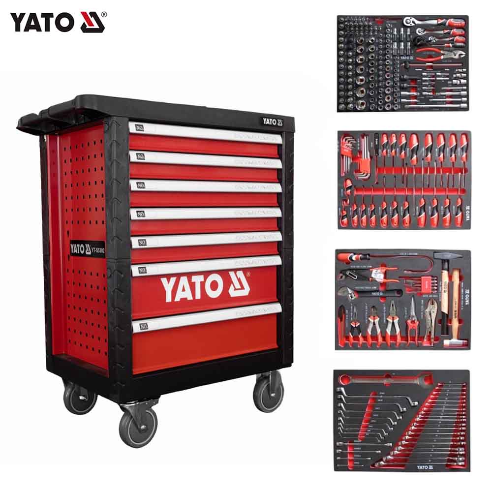 YATO tool cart with tool sets on a white background