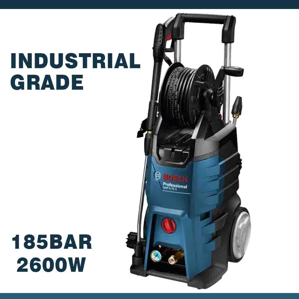 Bosch high-pressure washer in blue color with a black handle and wheels, featuring industrial grade 185 bar pressure and 2600 watts power.