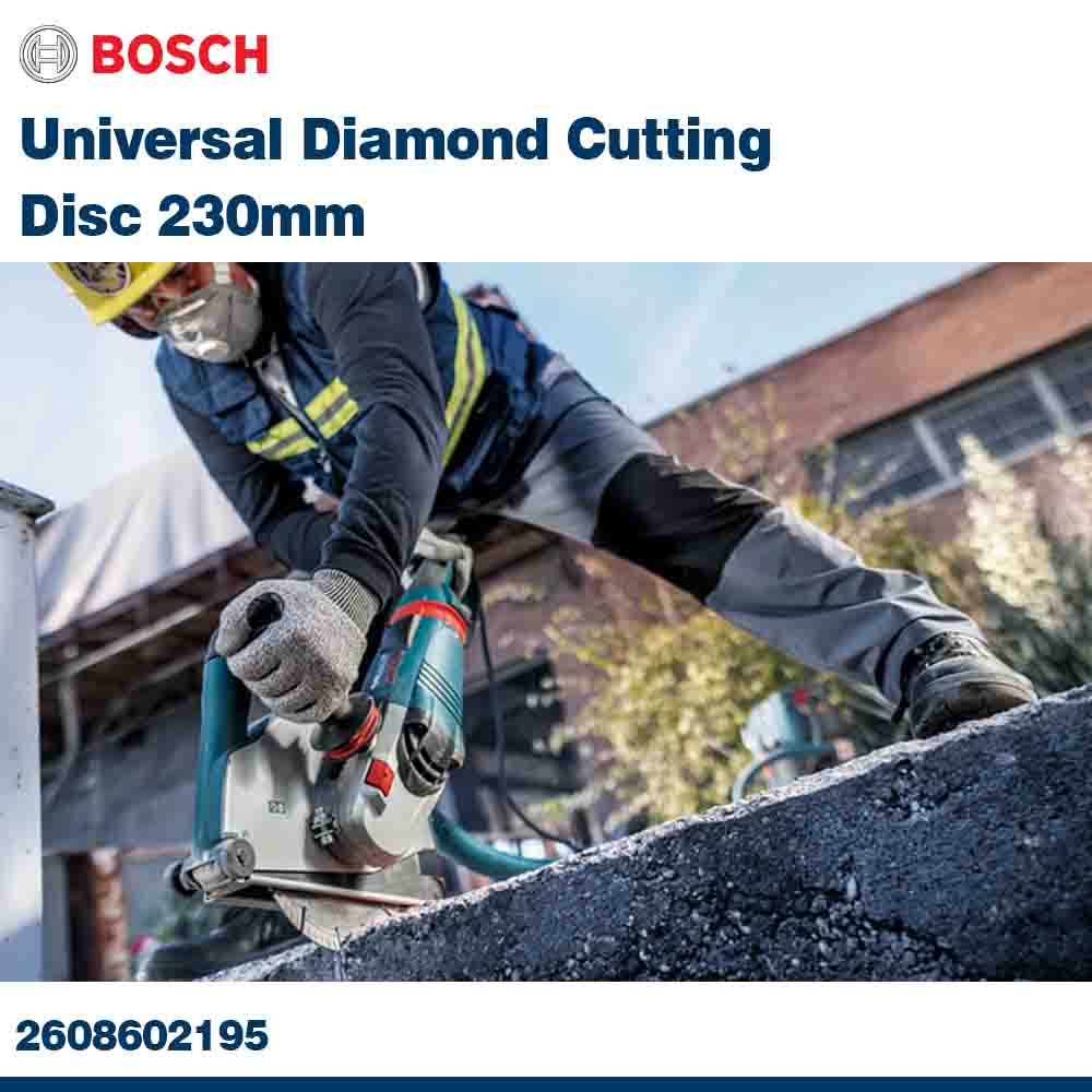 Person using a diamond cutting disc with Bosch branding on a construction site.