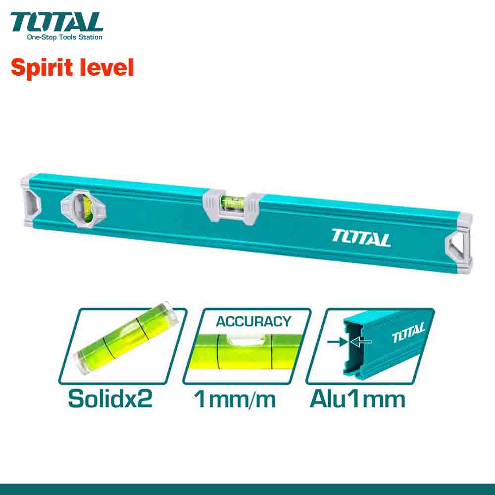 A promotional image featuring a TOTAL brand heavy-duty spirit level with aluminum body, available in lengths of 40cm, 60cm, and 100cm, with accuracy indicators, solid bulbs, and a blue color theme.
