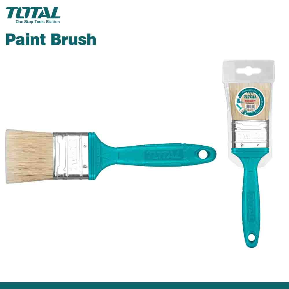 A professional-grade paint brush with a blue plastic handle and natural bristles, alongside its packaging.