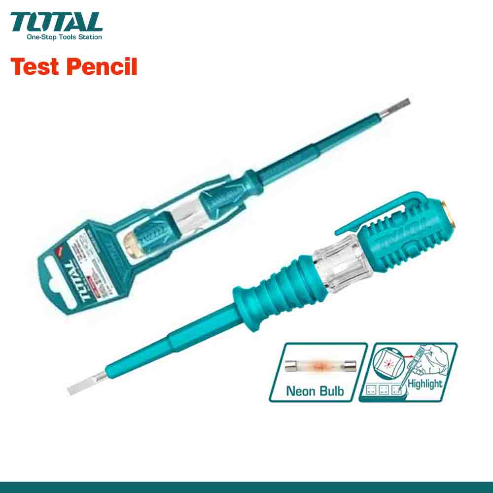 A TOTAL brand voltage tester with a slotted tip, neon bulb indicator, and a blue and green color scheme. The packaging shows 'Test Pencil' and highlights the durable and slotted features.